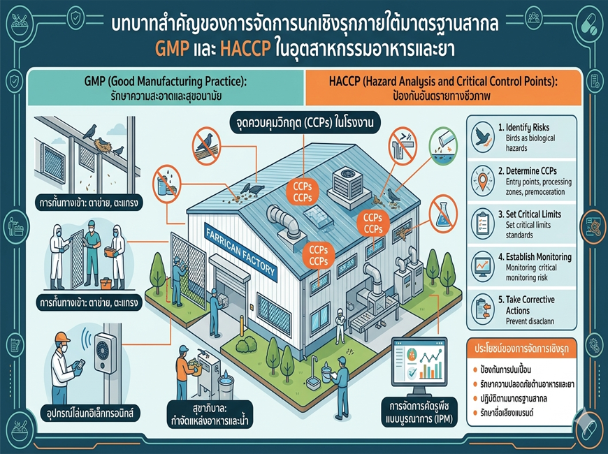 บทบาทสำคัญของการจัดการนกเชิงรุกภายใต้มาตรฐานสากล GMP และ HACCP ในอุตสาหกรรมอาหารและยา